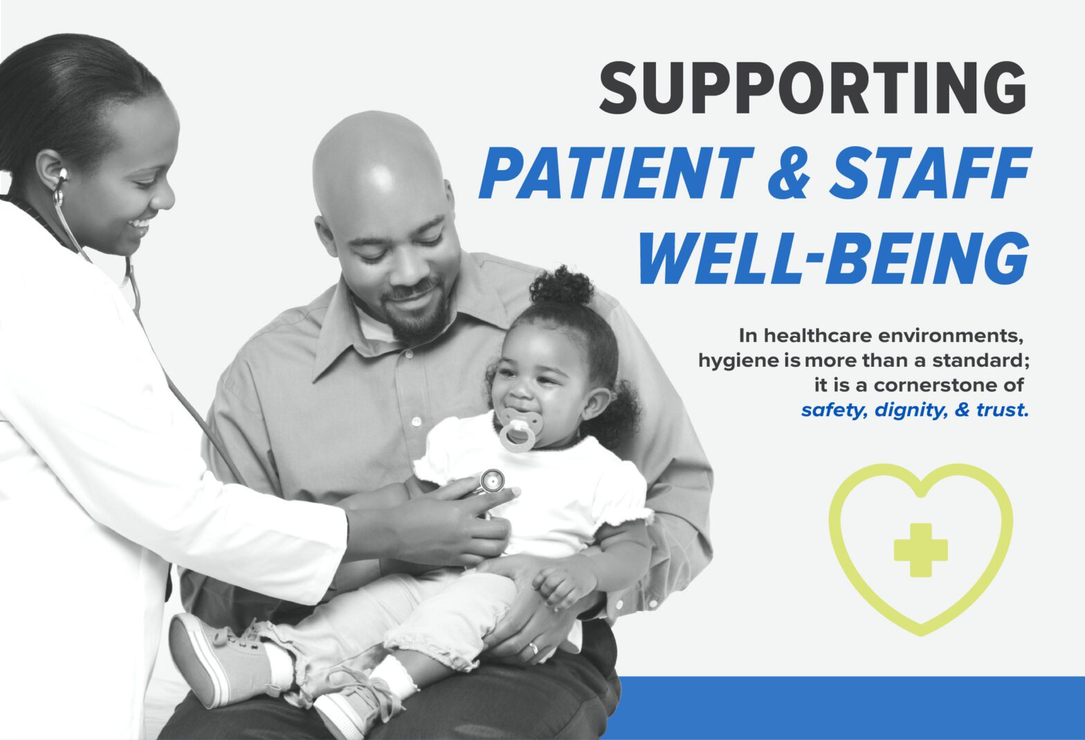 Healthcare professional attending to a child with caregiver, highlighting Citron Hygiene’s commitment to patient and staff well-being