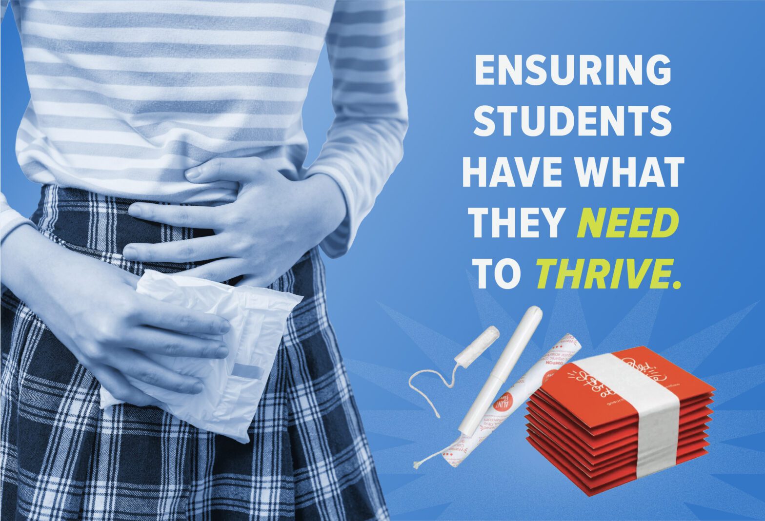Student holding a menstrual pad with various period products, representing the need for accessible menstrual hygiene in schools. Citron Hygiene supports education facilities with free organic products and hygienic disposal solutions.