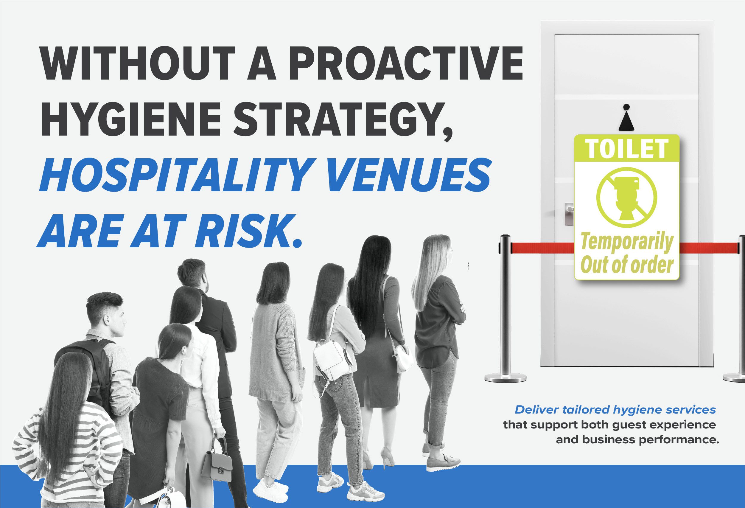 Guests waiting outside an out-of-order restroom in a hospitality venue, highlighting the risks of poor hygiene planning during peak season.