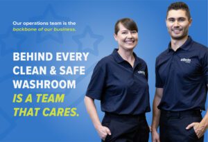Citron Hygiene team members in uniform with text: 'Behind every clean & safe washroom is a team that cares. Our operations team is the backbone of our business.'